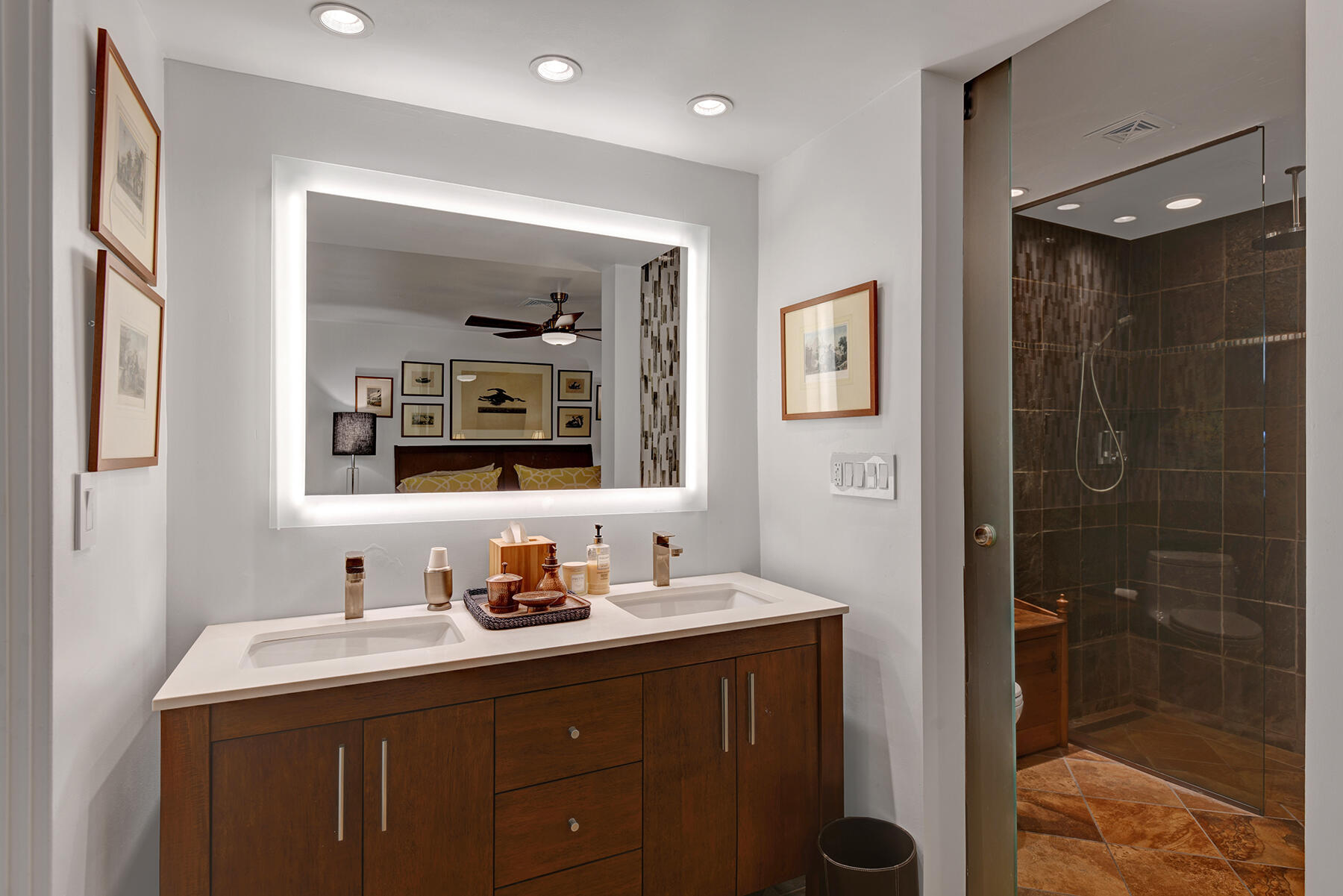 2915 Guadalupe Road Palm Springs, CA 92264 - Photo 39 of 52 a bathroom with a sink vanity granite shower and a mirror