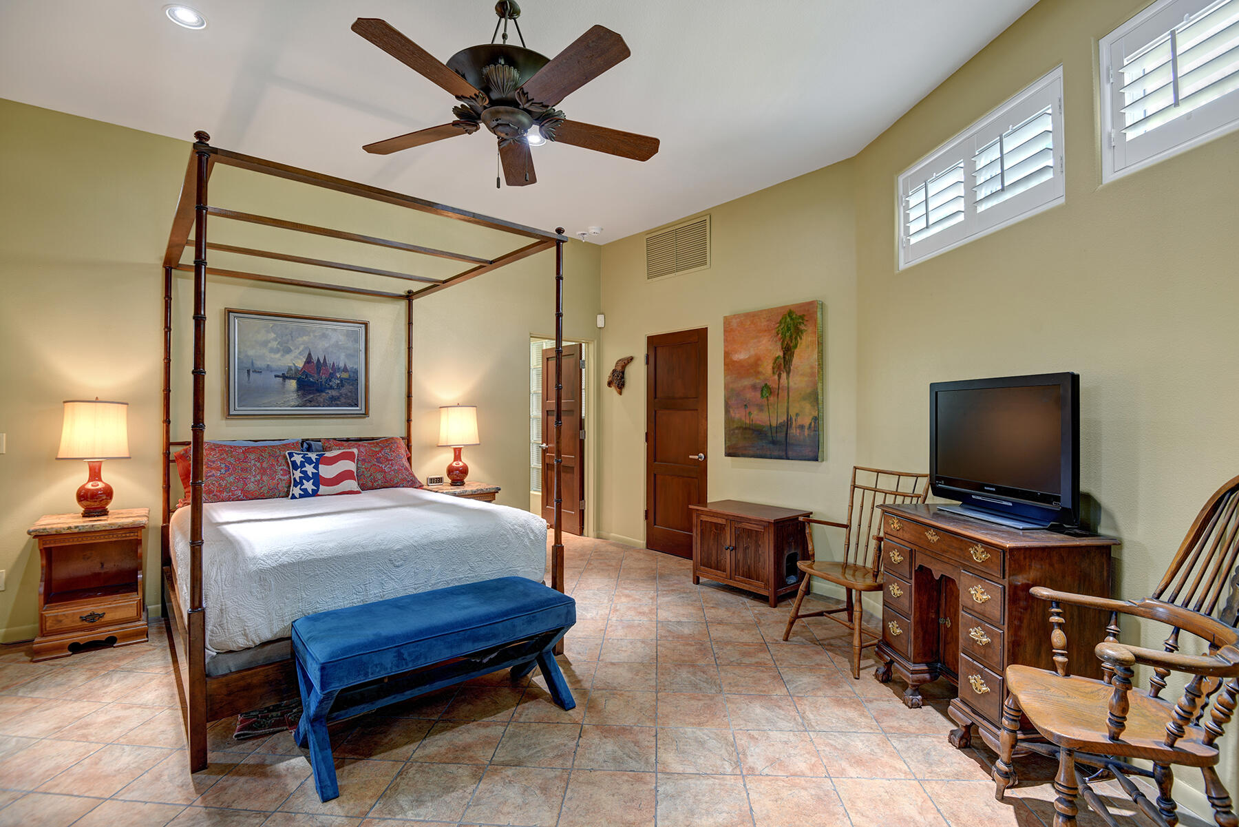 2915 Guadalupe Road Palm Springs, CA 92264 - Photo 49 of 52 a bedroom with a bed and furniture with a flat screen tv