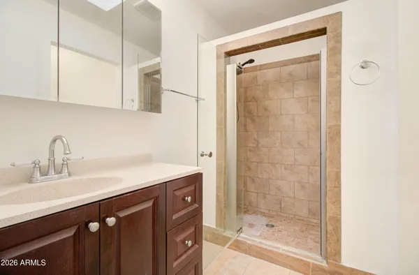 a bathroom with a shower sink and mirror