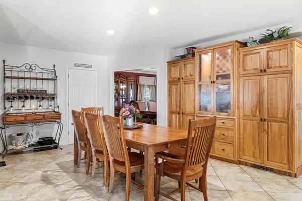 a view of a dining room with furniture