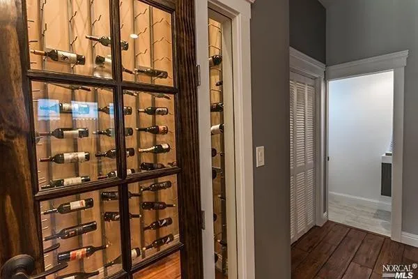 a view of a balcony with wooden floor