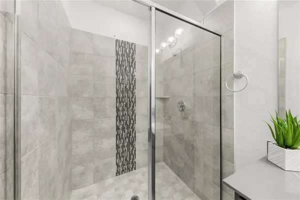 a bathroom with a shower and a plant in a bathroom