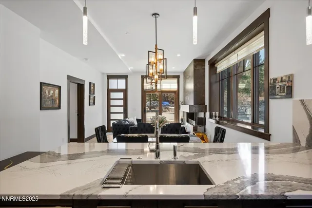 a living room with large window