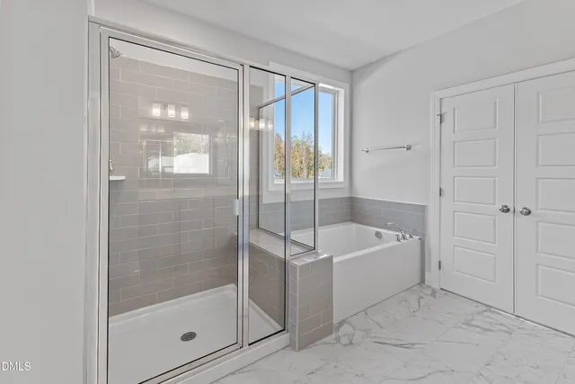 a bathroom with a bathtub and a shower