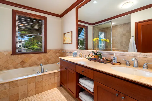 a bathroom with a tub sink and mirror