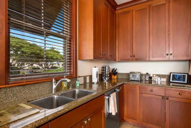 a kitchen with stainless steel appliances granite countertop a sink and a wooden cabinets
