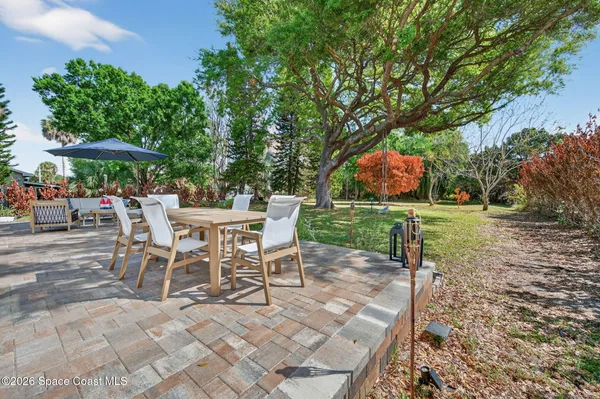 a view of a chairs and tables in the backyard