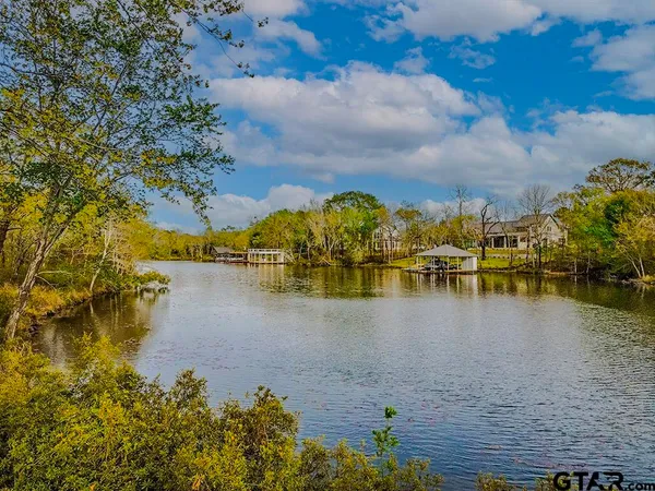 a view of a lake with boats and trees around