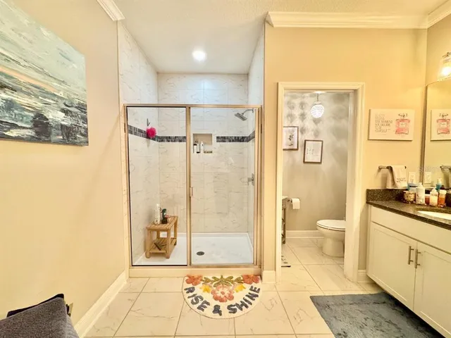 a bathroom with a granite countertop sink a toilet and shower