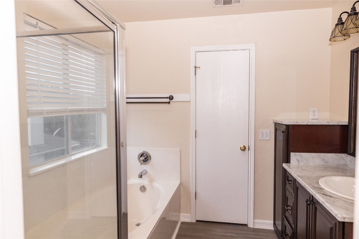 184 Unity Kyle, TX 78640 - Photo 14 of 33 Bathroom with vanity, a garden tub, a stall shower, and dark wood-style floors