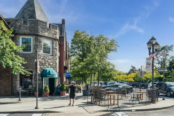 a front view of a building with street view
