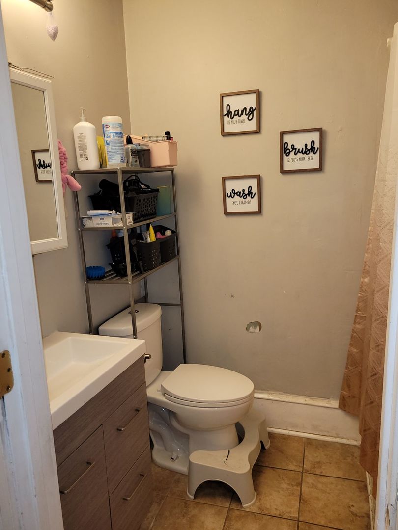 423 East Chicago Street, Unit B Elgin, IL 60120 - Photo 10 of 13 a bathroom with a toilet a sink and mirror