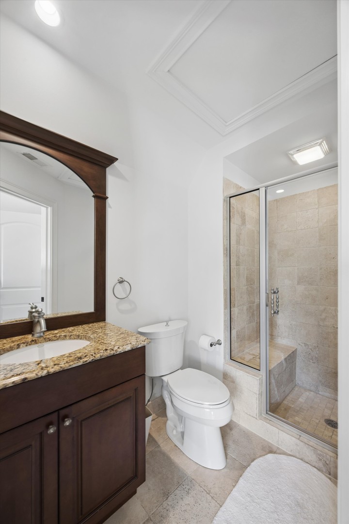 405 Phillippa Street Hinsdale, IL 60521 - Photo 29 of 44 a bathroom with a granite countertop sink toilet mirror and shower