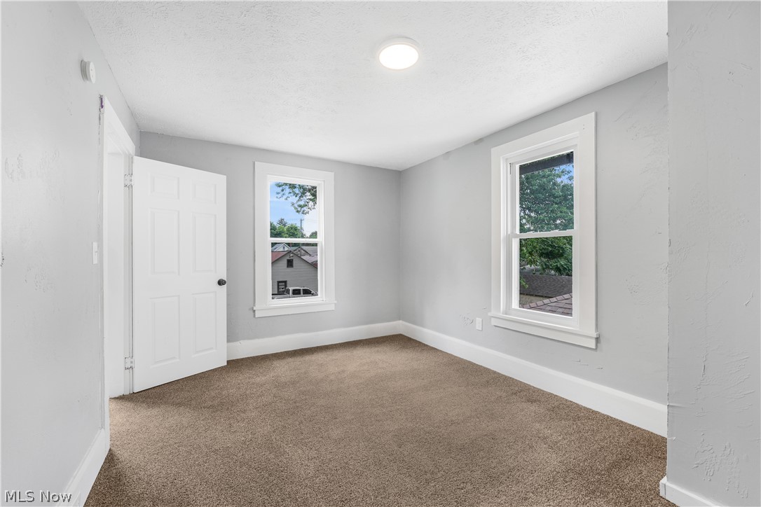 885 Wales Road Northeast Massillon, OH 44646 - Photo 17 of 34 Carpeted room featuring two windows with white trim, a solid panel interior door, and a flush mount ceiling light fixture