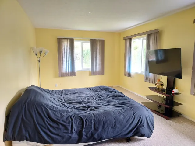 a bedroom with a bed tv and a window