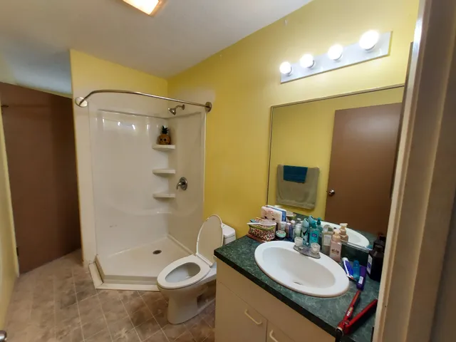 a bathroom with a granite countertop sink toilet mirror and shower