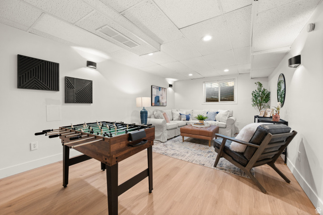 2163 Borg Drive Sandy, UT 84092 - Photo 24 of 31 Game room with a paneled ceiling, light wood-style flooring, and recessed lighting