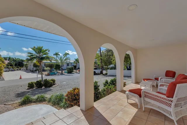 a garden view with a seating space