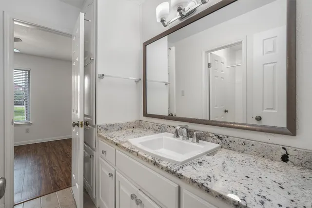 a bathroom with a sink and a mirror