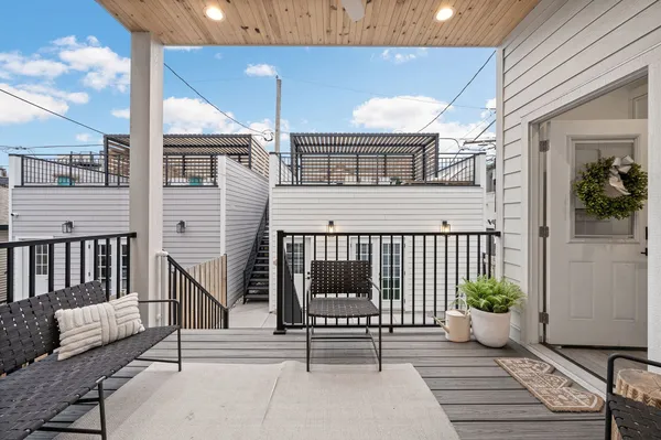 a view of a porch with a chair
