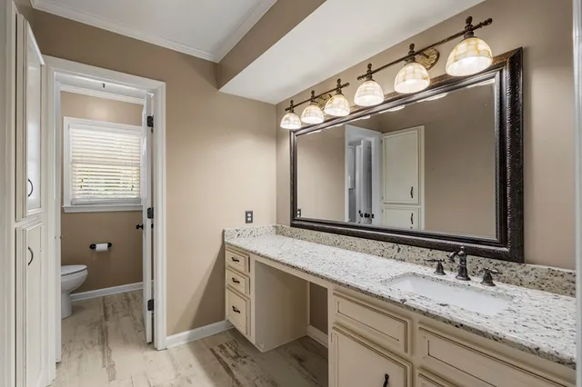 a bathroom with a granite countertop sink a large mirror and a toilet