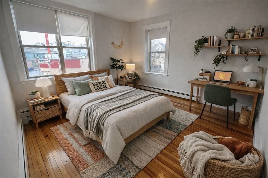 108 Bristol Road, Unit 1 Somerville, MA 02144 - Photo 17 of 30 a bedroom with a bed and wooden floor