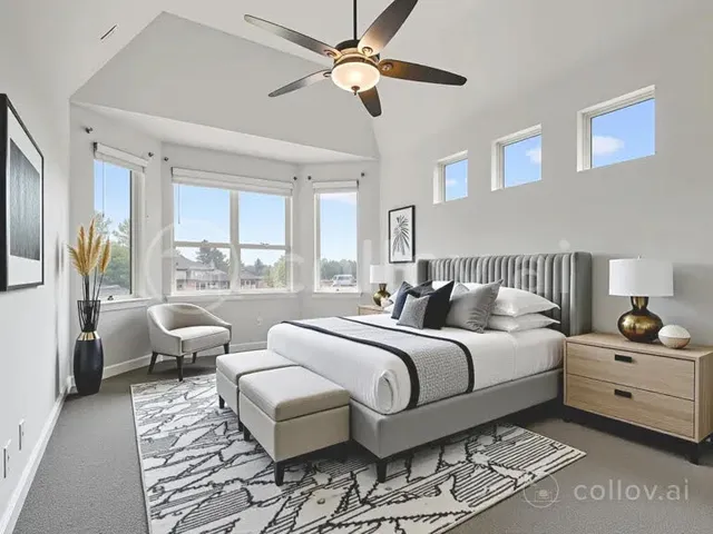 a spacious bedroom with a bed a couch and a window