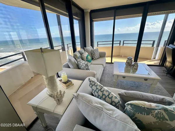 a view of balcony with a flat screen tv