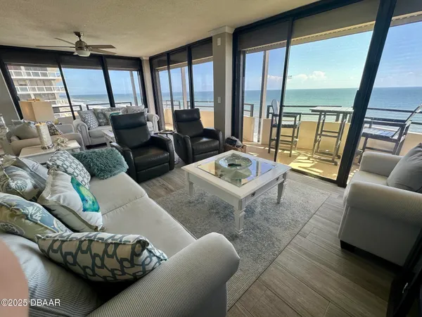 a view of a balcony with an outdoor space