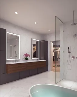 a bathroom with a tub sink and mirror