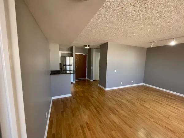 a view of empty room with wooden floor