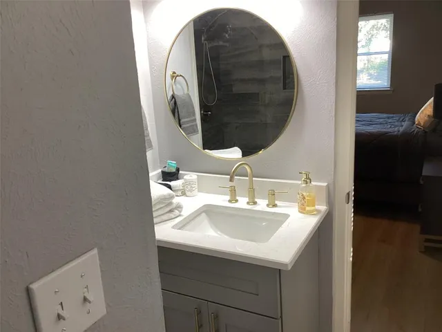 a bathroom with a sink and a mirror