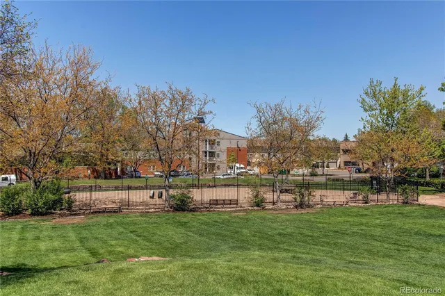 a garden with trees in the background