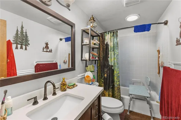 a bathroom with a sink toilet vanity and shower