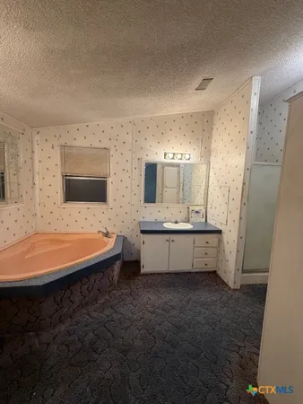 a bathroom with a tub sink and mirror