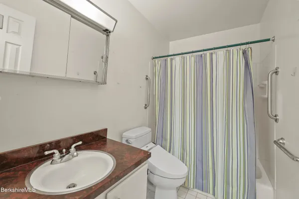 a bathroom with a sink a toilet and a mirror