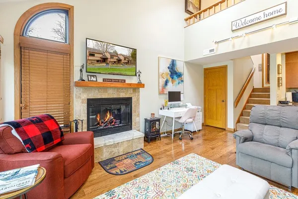 a living room with furniture a rug and a fireplace