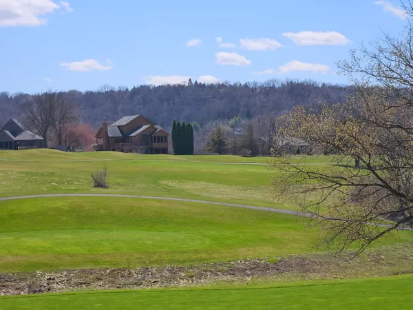 a view of a big yard with swimming pool and mountain view