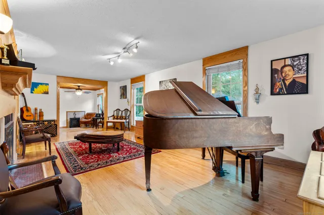 a living room with furniture and a rug