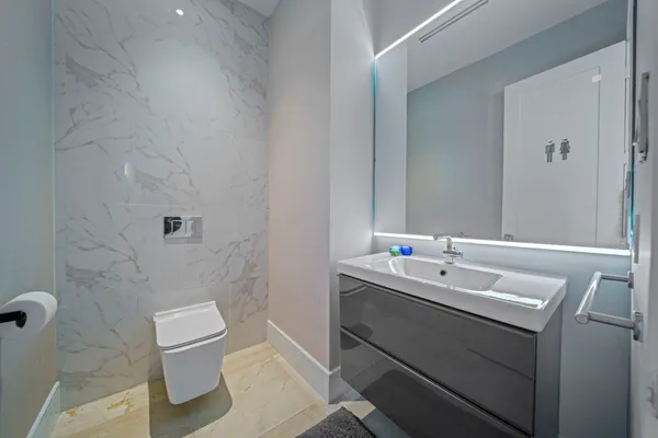 a bathroom with a toilet sink and mirror