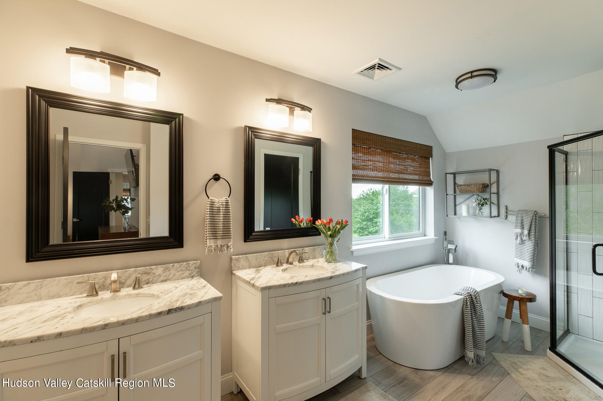 271 Ridge Road Milton, NY 12547 - Photo 16 of 29 a bathroom with a granite countertop tub double vanity sink and a large mirror