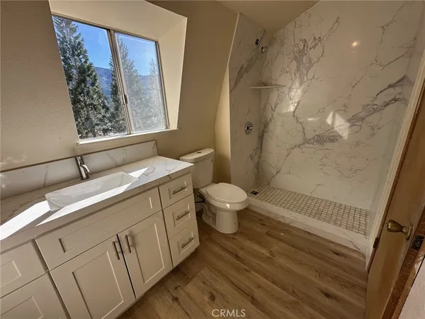 a bathroom with a sink a toilet and a shower