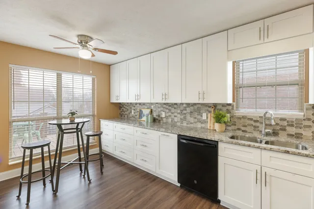 a close view of sink with a potted plant on a counter