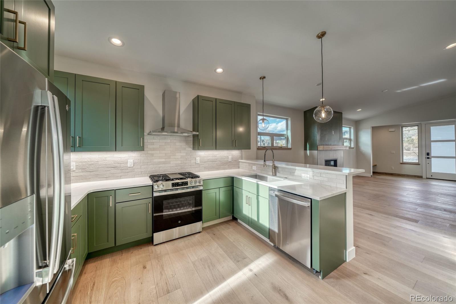 211 Southside Loop Salida, CO 81201 - Photo 16 of 39 a kitchen with stainless steel appliances granite countertop a sink a stove and a refrigerator