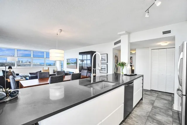 a view of a dining room with furniture