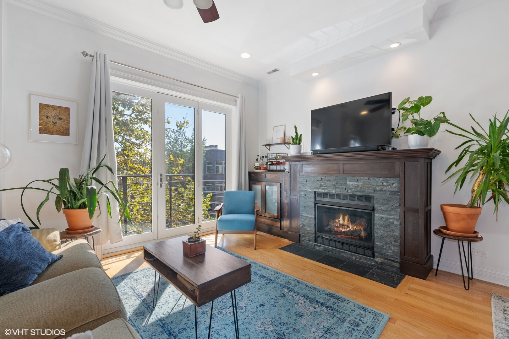 2642 West Cortez Street, Unit 3 Chicago, IL 60622 - Photo 3 of 19 a living room with furniture a flat screen tv and a fireplace