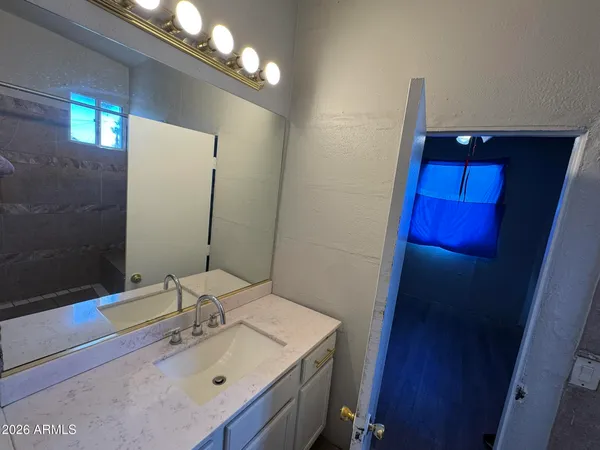 a bathroom with a sink and a mirror
