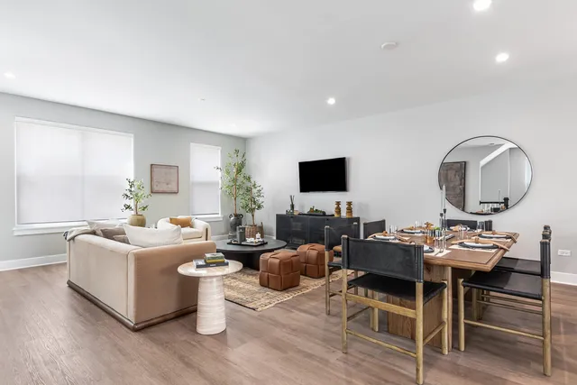 a view of a dining room with furniture