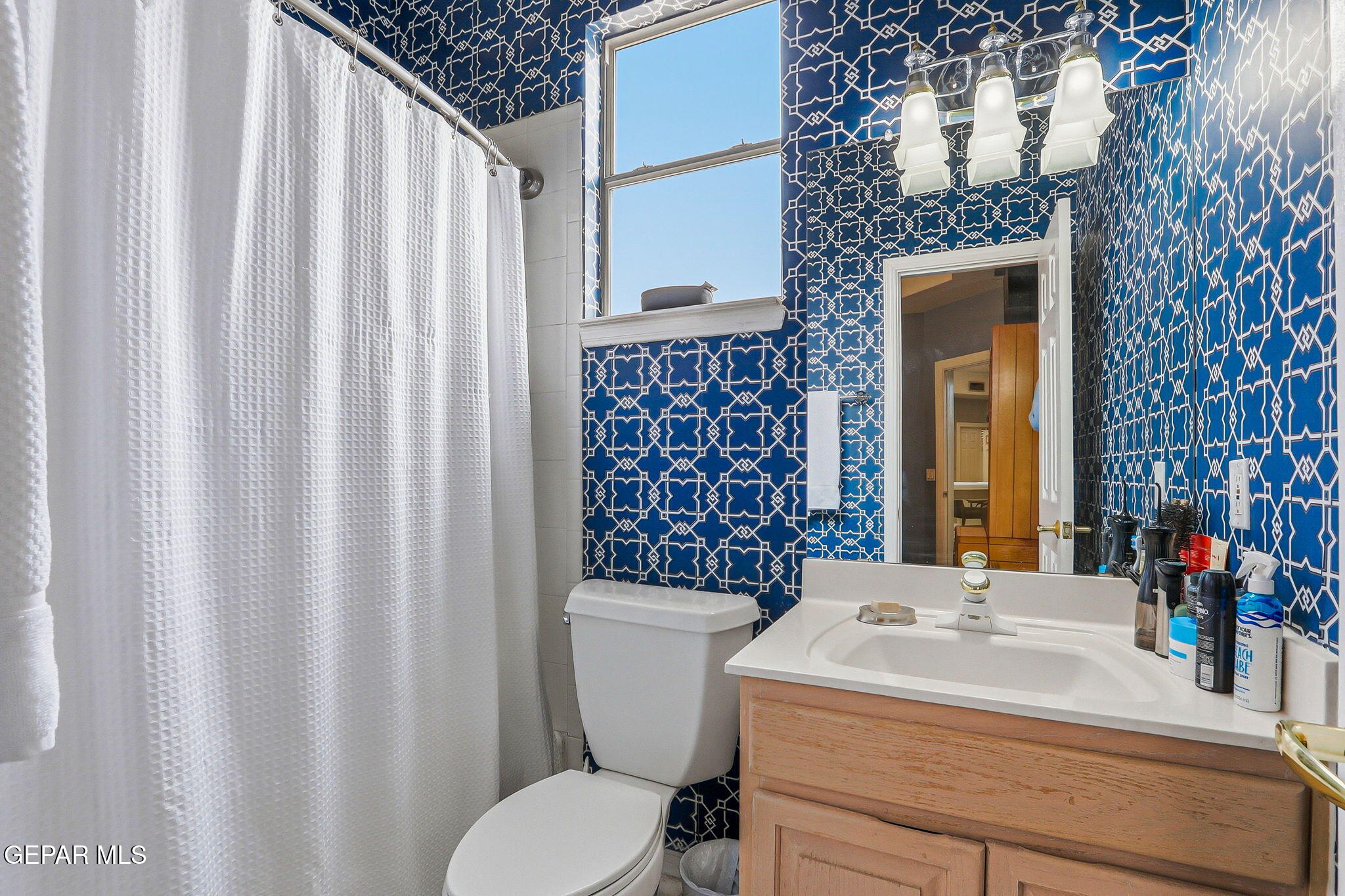 5806 Diamond Point Circle El Paso, TX 79912 - Photo 47 of 61 a bathroom with a sink a toilet and shower curtain