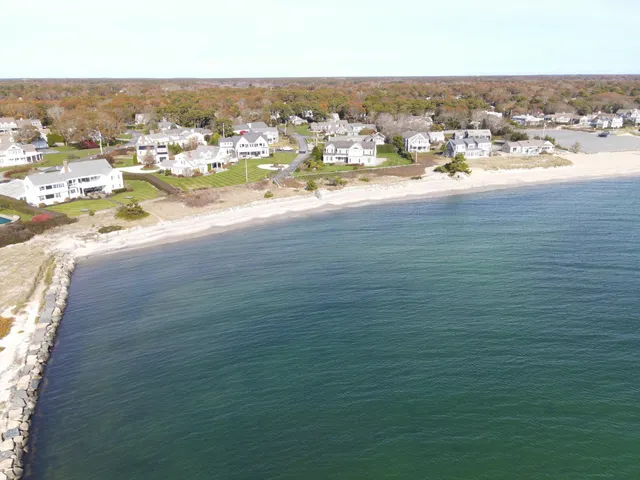 an aerial view of residential houses with outdoor space and trees